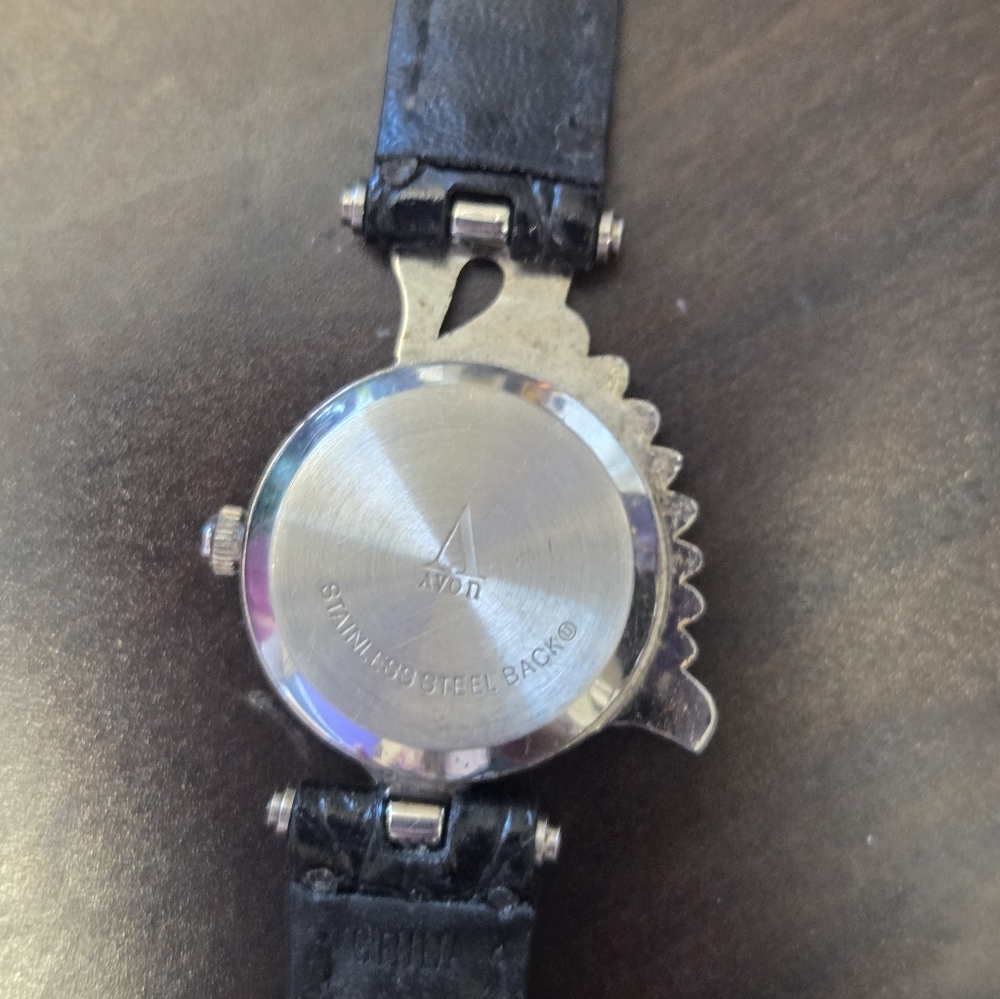 Vintage Avon Black Leather Strap Quartz Watch/Decorative Silver-Tone Swan Design - Picture 5 of 6